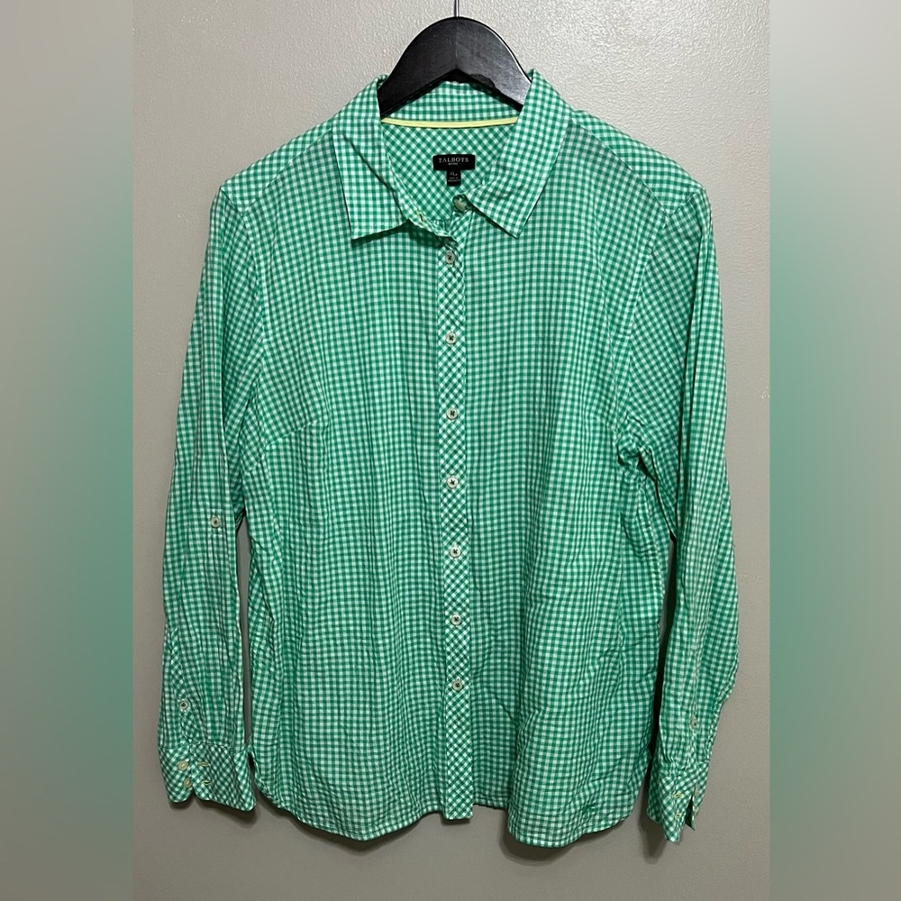 Crown & Ivy gingham long sleeve button down shirt 100 % cotton Size XL Petite